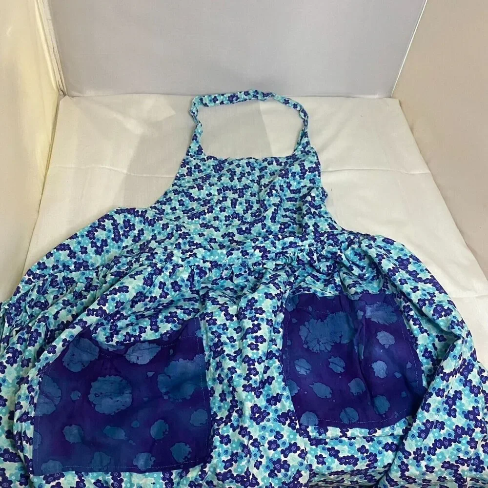 #7126 Blue Flower Print Cotton Adult Apron Hand Made